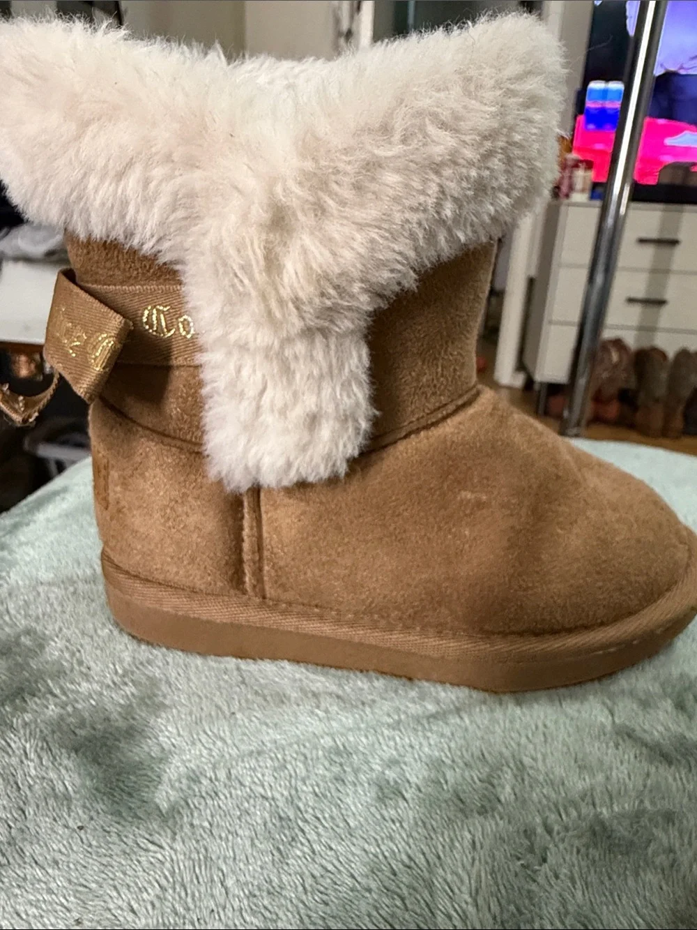 Juicy Couture Girls' Tan Boots with Cream Faux-Shearling Cuff and Branded Ribbon